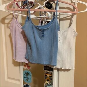 Ribbed Button-Front Tank Trio - Blue, Lavender, White